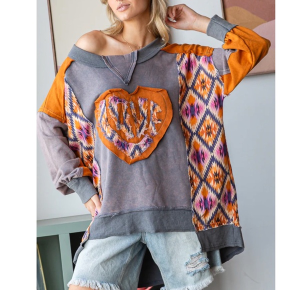 Oli & Hali Mineral Wash Tie Dye Love Patchwork Sweater Top - Picture 2 of 7